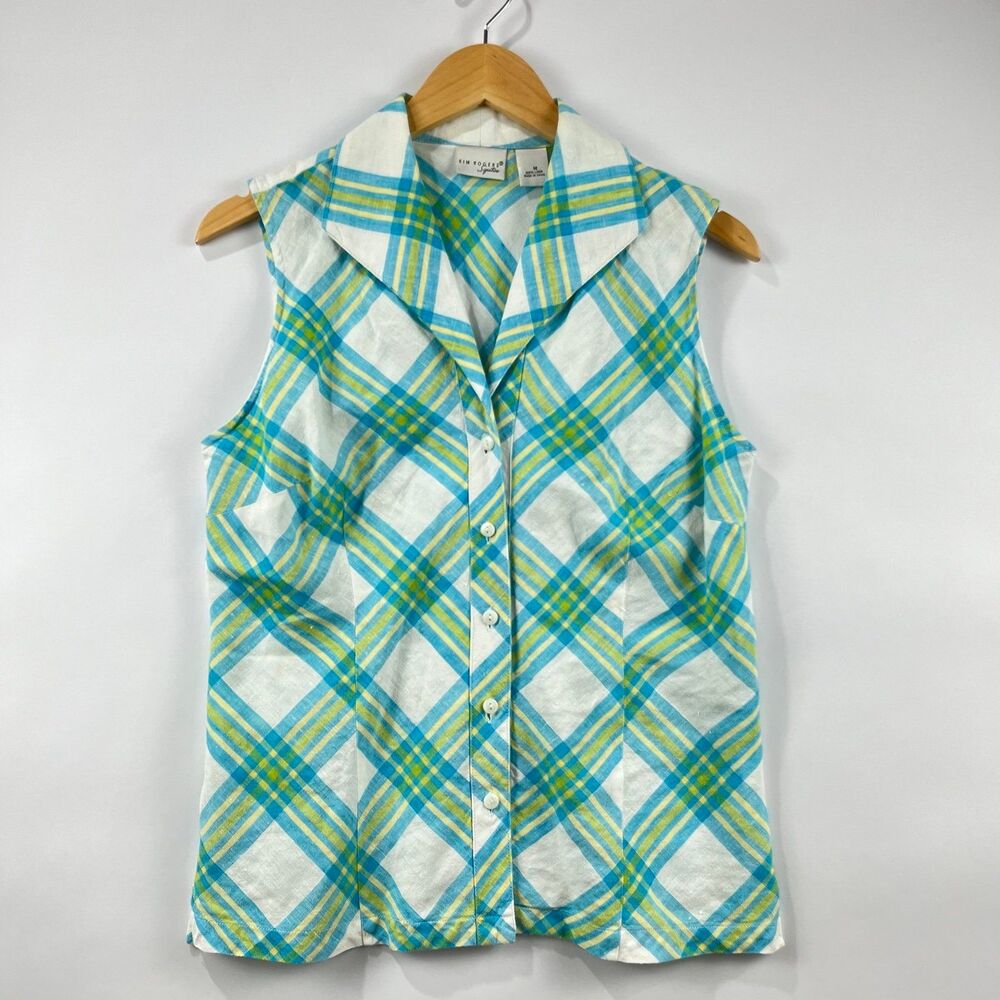 100% Linen Plaid Sleeveless Blouse Kim Rogers Signature Button Front Summer Top